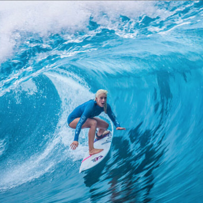 Tatiana perfecting her barrel riding technique in Tahiti.