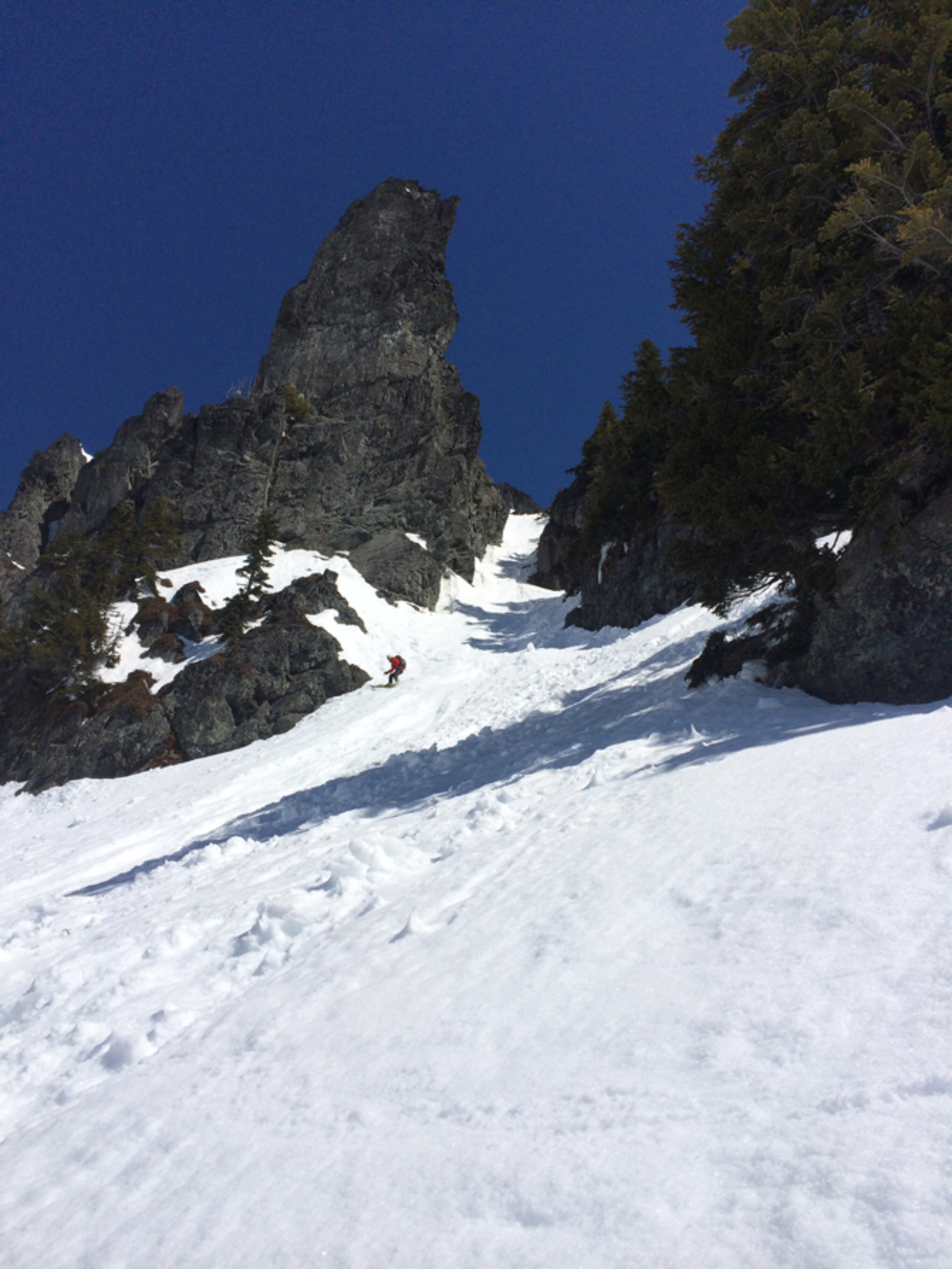 Frozen wet loose avalanche debris makes for tough navigation down this couloir on Chikamin Peak, Washington. Photo: Ian Bolliger