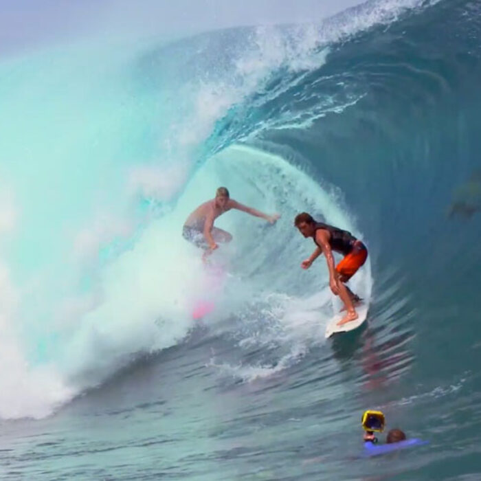 Alex and Koa Smith share barrels in Teahupoo