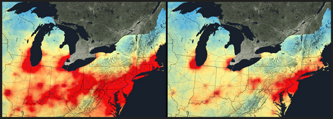 Air pollution reduction in the northeastern United States, from 2005 to 2011. Photo: Images of Change