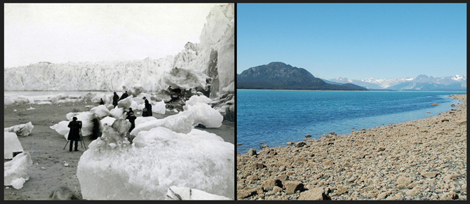 Muir Glacier, in 1882 (left) and 2005. Photo: Images of Change