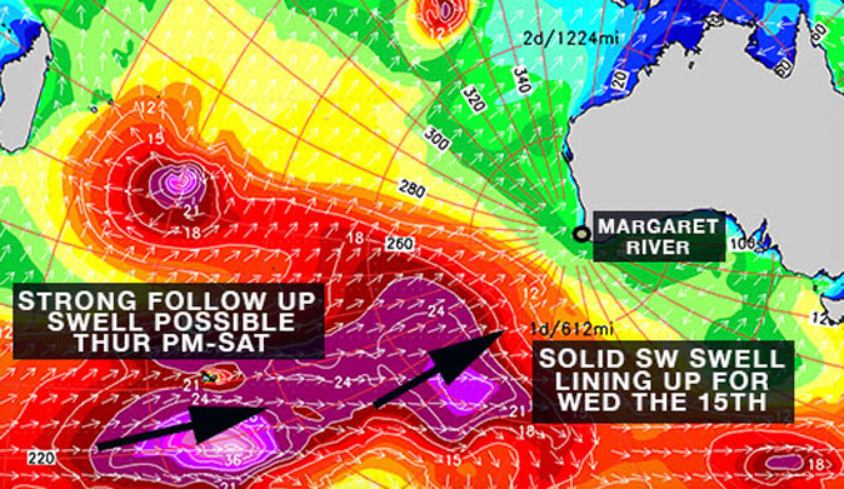 Those lovely purple blobs are headed straight for Margie's. Photo: Surfline