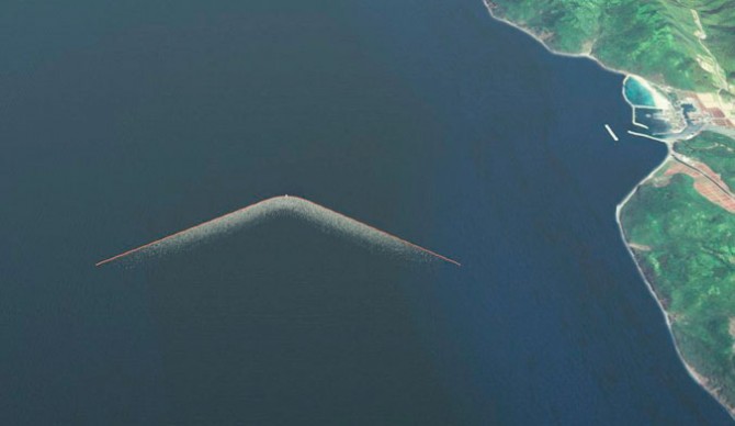 A bird's eye view of what the 100km technology may eventually look like. Photo: <a href="https://www.theoceancleanup.com/">The Ocean Cleanup</a>