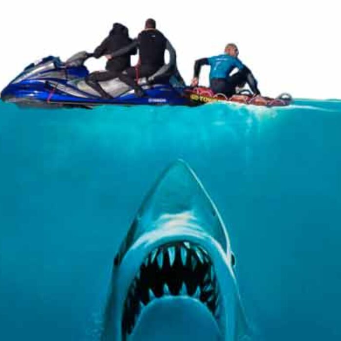 "For all I know, it came rushing up from the briny depths with murder in its soulless, black eyes. It wanted to eat Mick Fanning in one massive bite, then spray his blood all over Julian Wilson and laugh maniacally in the face of the crowd. More likely, I think, is that it just wanted to see what the hell was floating around up there, then got caught up in Mick's leash."