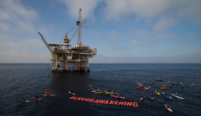 Local activists paddle five miles out to a Santa Barbara oil platform in protest of the May 19th spill. Photo: Patagonia.