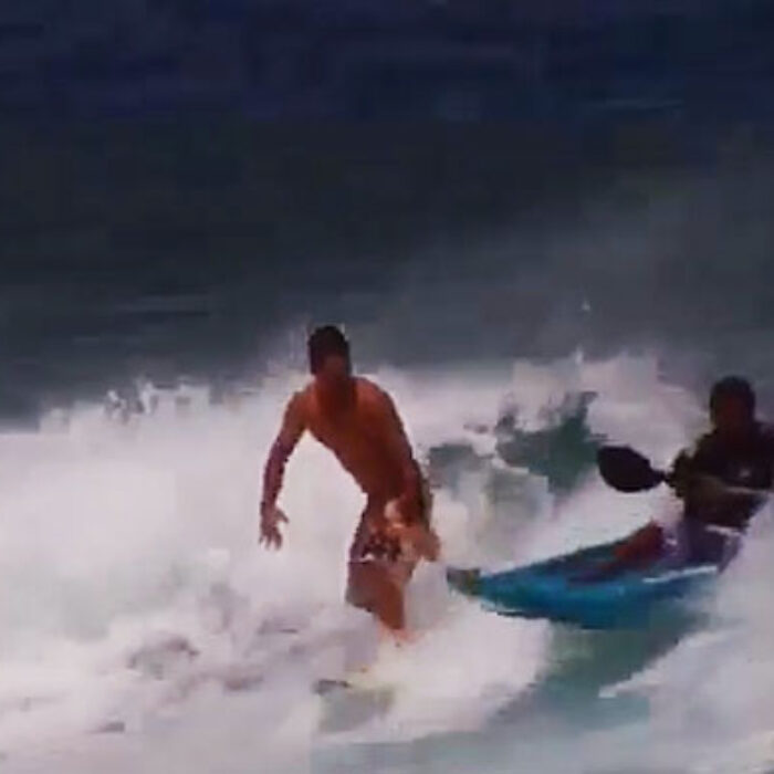 If you've ever been burned by a surf kayaker, well, this is the best thing you can possibly do. Surf the surf kayaker.