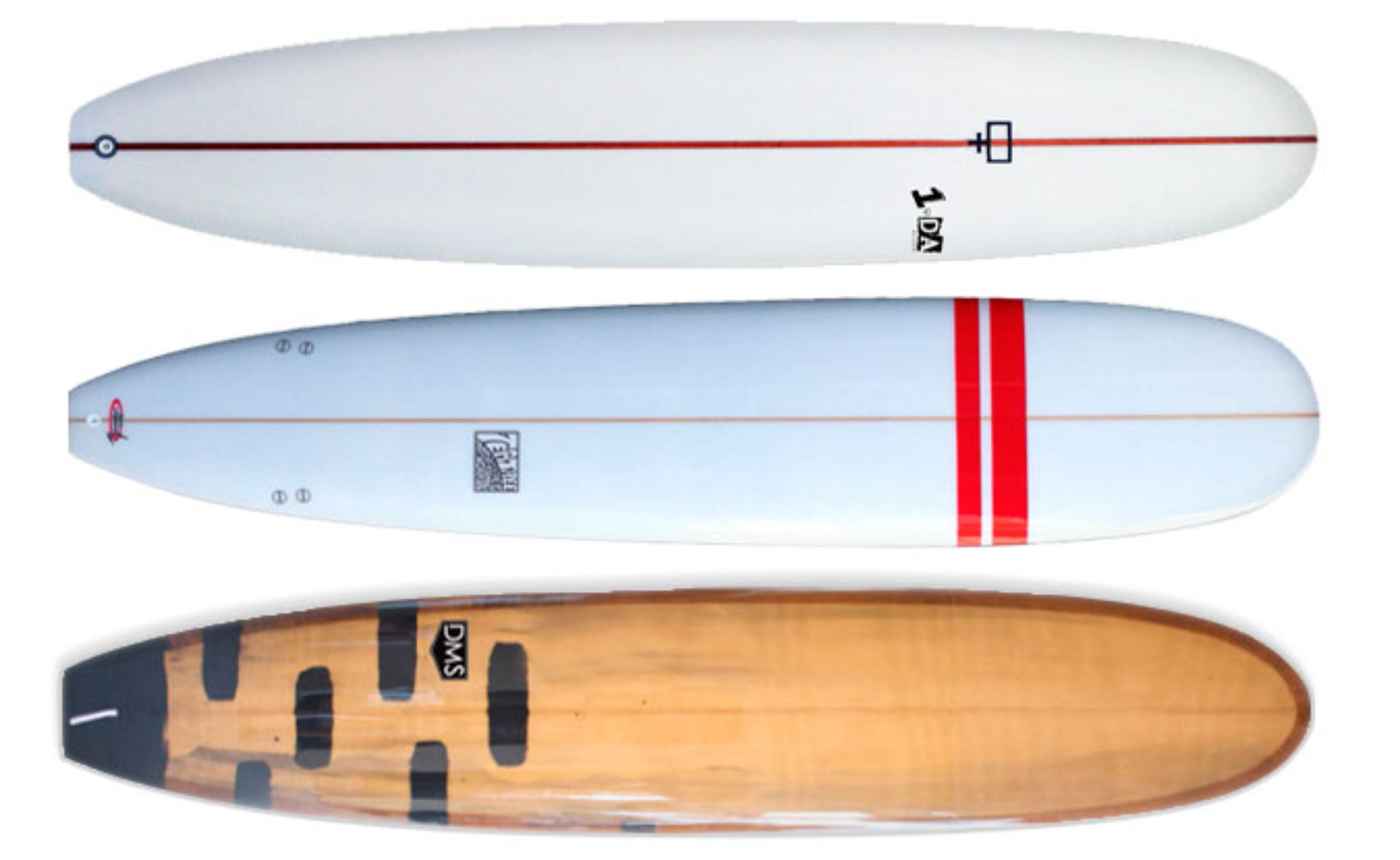 From top to bottom: the 1-DA Shapes Classic, Noosa Longboards Tea Tree and the DMS Buddha.
