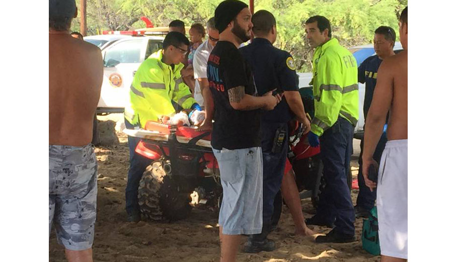 Emergency services loaded the boy up on an ATV and bandaged the wounds (seen here) before taking him to the hospital in Waikiki. Photo Hawaii News Now