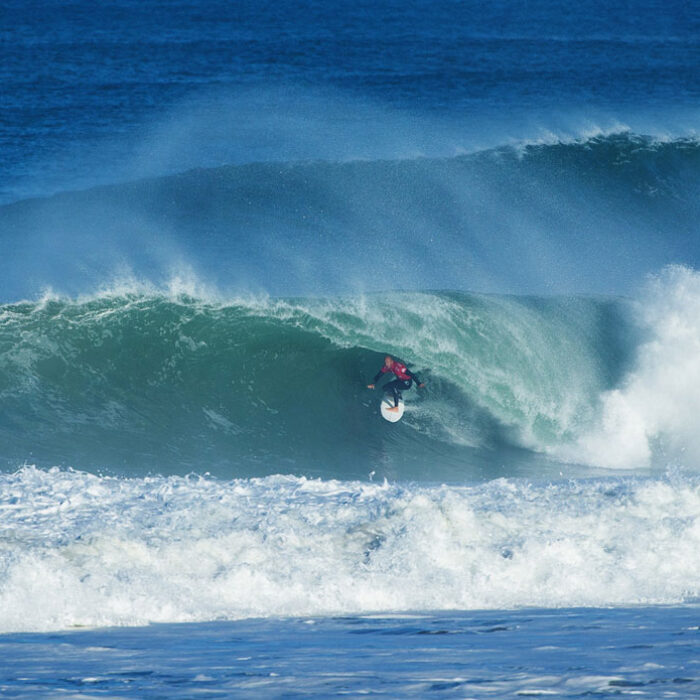 While the size of waves at the famous French beach break held in the overhead range, the conditions were rough with a lot of water moving around with the huge tide shifts on the second day of competition.