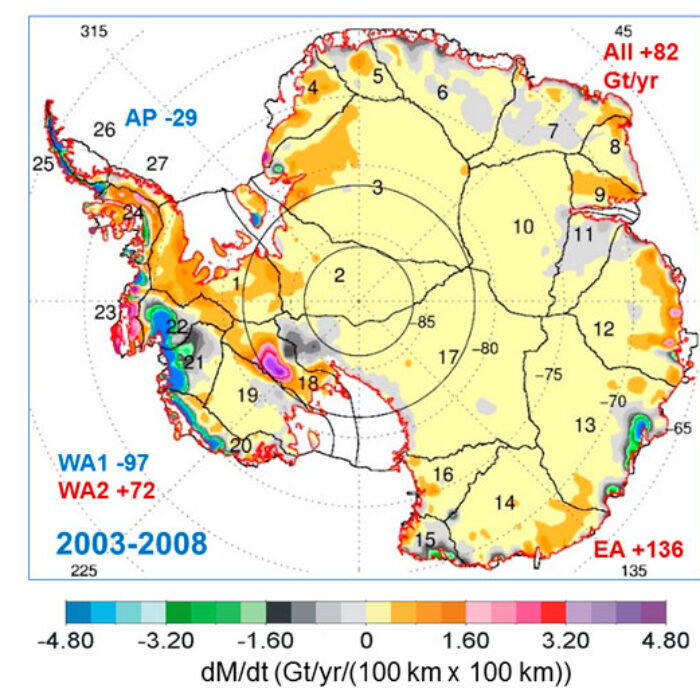 Map showing the rates of mass changes from ICES at 2003-2008 over Antarctica. Image: Jay Zwally/ Journal of Glaciology