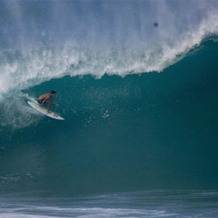 Evan Geiselman just suffered a terrible wipeout at Pipeline. Photo: Matt Hoffman/Gnarbox