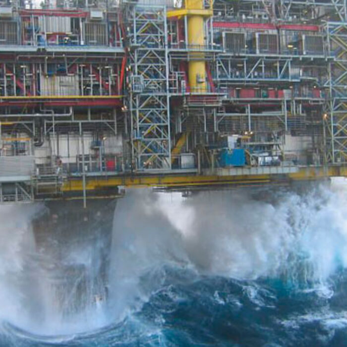An oil rig in the North Sea, dealing with average waves. The wave that struck the Innovator Rig was much bigger.