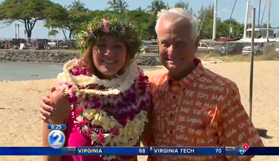 Carissa Moore being honored by Honolulu Mayor Kirk Caldwell with her own namesake holiday. Photo: Khon2 News