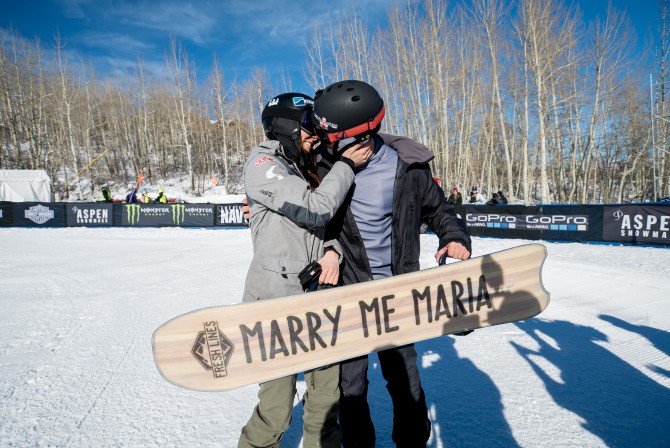 Aspen, CO - January 27, 2016 - Buttermilk Mountain: Jonathan Cheever proposing to Maria Ramberger during X Games Aspen 2016 (Photo by Matt Morning / ESPN Images)