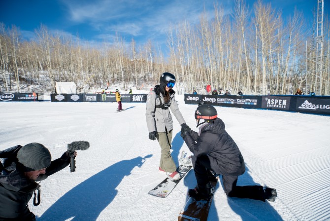 Aspen, CO - January 27, 2016 - Buttermilk Mountain: Jonathan Cheever proposing to Maria Ramberger during X Games Aspen 2016 (Photo by Matt Morning / ESPN Images)