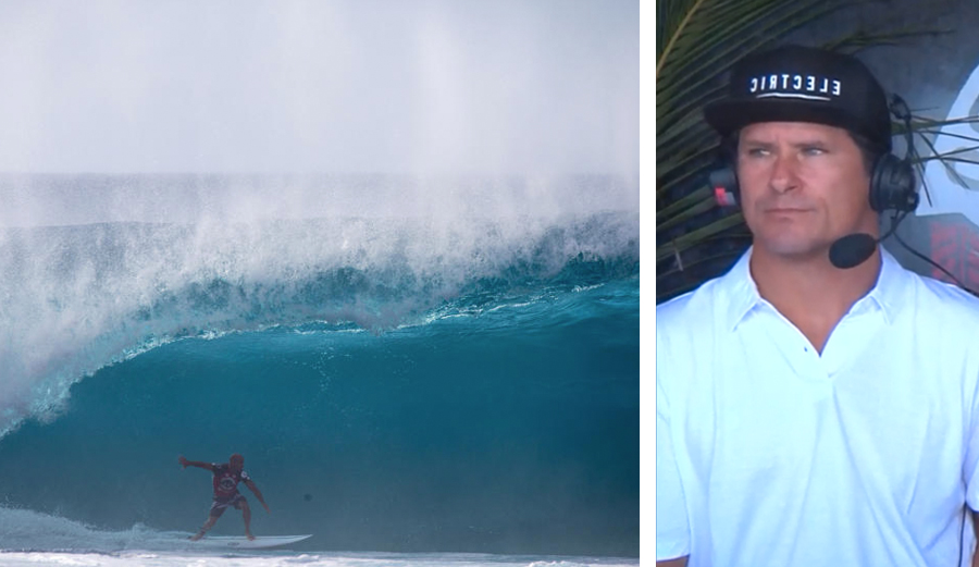 Wassel eyeing Slater from the commentators booth, ready to make a sly remark. Photo: WSL / Freesurf/Heff/Volcom