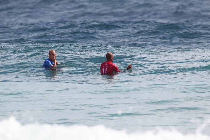 Stuart Kennedy and Kelly Slater. No matter the heat score, everyone wins here. Photo: WSL
