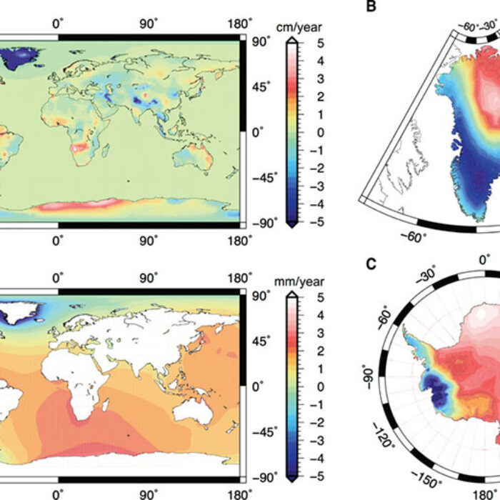 Fig. 2 Climate-induced mass redistribution on Earth’s surface. (A) Linear rate of change in mass (in WEH per year) during April 2002 to March 2015, derived from monthly GRACE observations and associated sea-level computations. Solutions are reproduced with different color scales for (B) the GIS, (C) the AIS, and (D) the oceans.