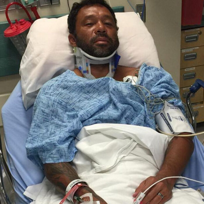 Although Sunny is pictured in a neck brace and with an IV, initial reports are that it wasn't a serious accident, and he will make a full recovery.