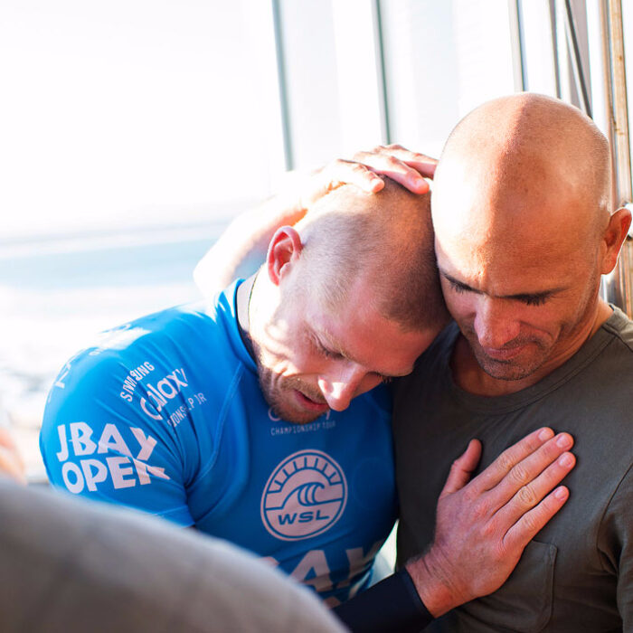 Mick Fanning and Kelly Slater after the shark attack heard 'round the world almost one year ago. Mick has just announced that he'll be competing at J-Bay this year.