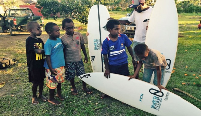The groms of Vanuatu get styled out with some fresh sleds courtesy of Firewire. Photo: Share The Stoke Foundation