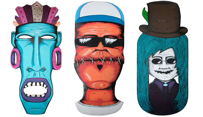 Strange faces. A couple of samples of the reworked skateboards. 