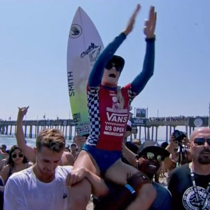 Tatiana Weston-Webb lets out a few shrieks of joy after winning the 2016 US Open of Surfing. Image: WSL