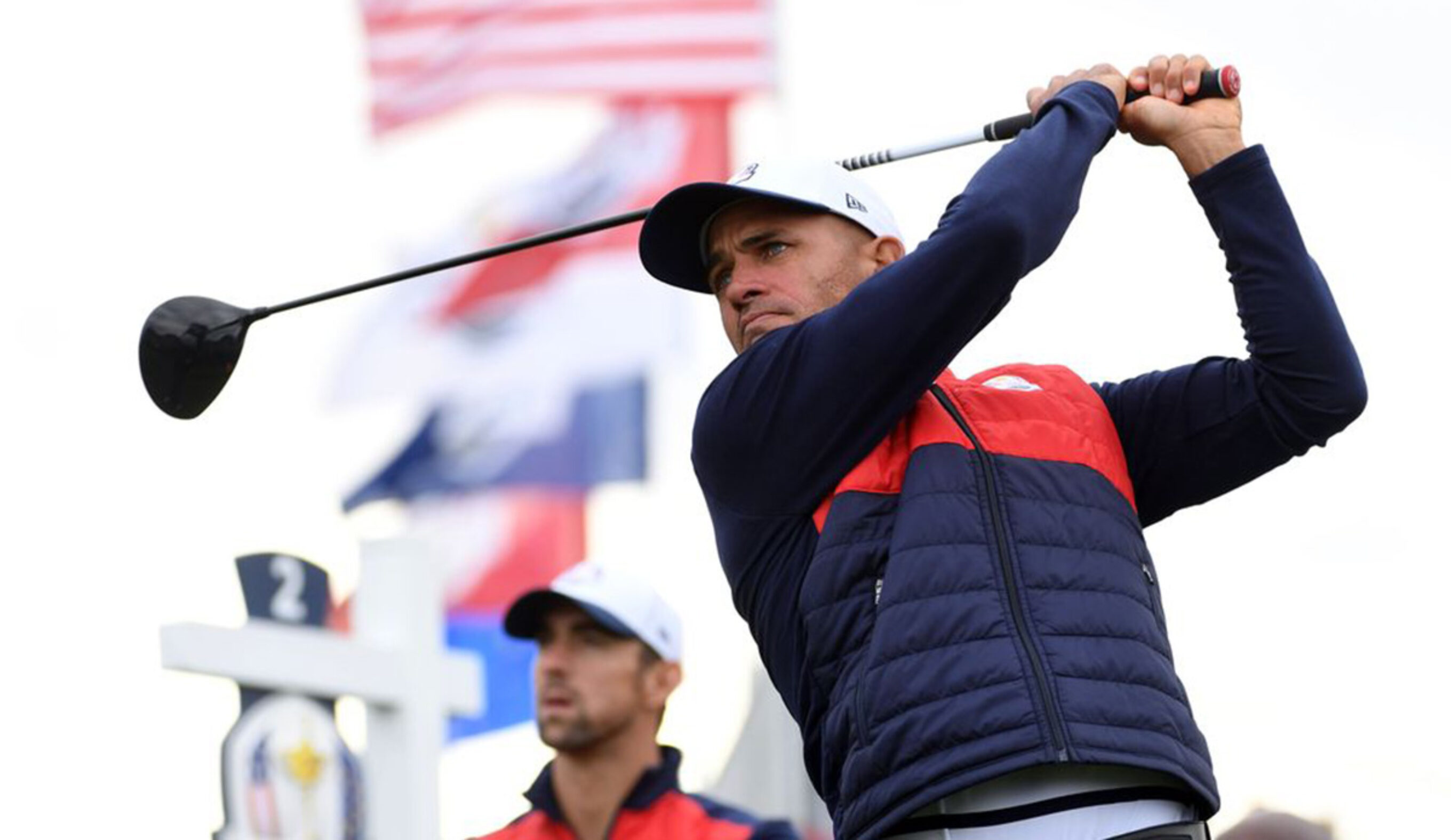 Sep 27, 2016; Chaska, MN, USA; Pro surfer Kelly Slater plays his shot from the first tee in the celebrity tournament during a practice for the 41st Ryder Cup at Hazeltine National Golf Club. Mandatory Credit: Michael Madrid-USA TODAY Sports