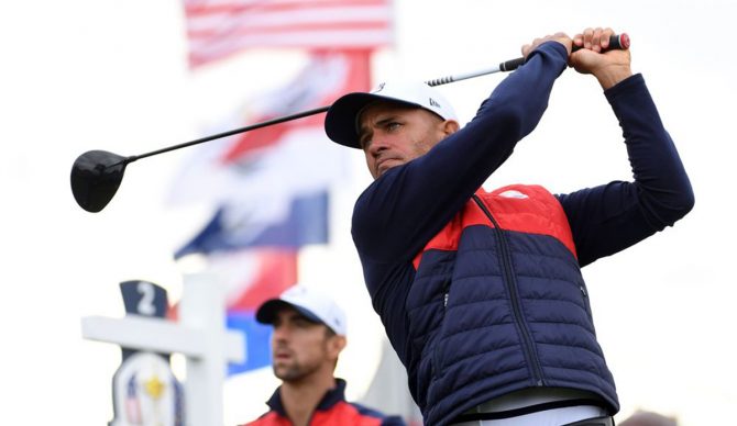 Sep 27, 2016; Chaska, MN, USA; Pro surfer Kelly Slater plays his shot from the first tee in the celebrity tournament during a practice for the 41st Ryder Cup at Hazeltine National Golf Club. Mandatory Credit: Michael Madrid-USA TODAY Sports