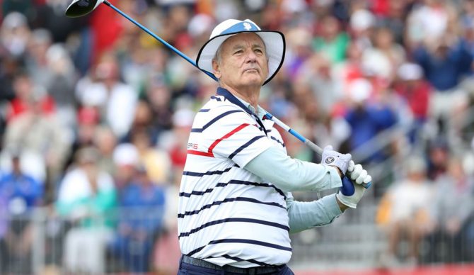 Sep 27, 2016; Chaska, MN, USA; Film actor Bill Murray plays his shot from the first tee in the celebrity tournament during a practice for the 41st Ryder Cup at Hazeltine National Golf Club. Mandatory Credit: Rob Schumacher-USA TODAY Sports