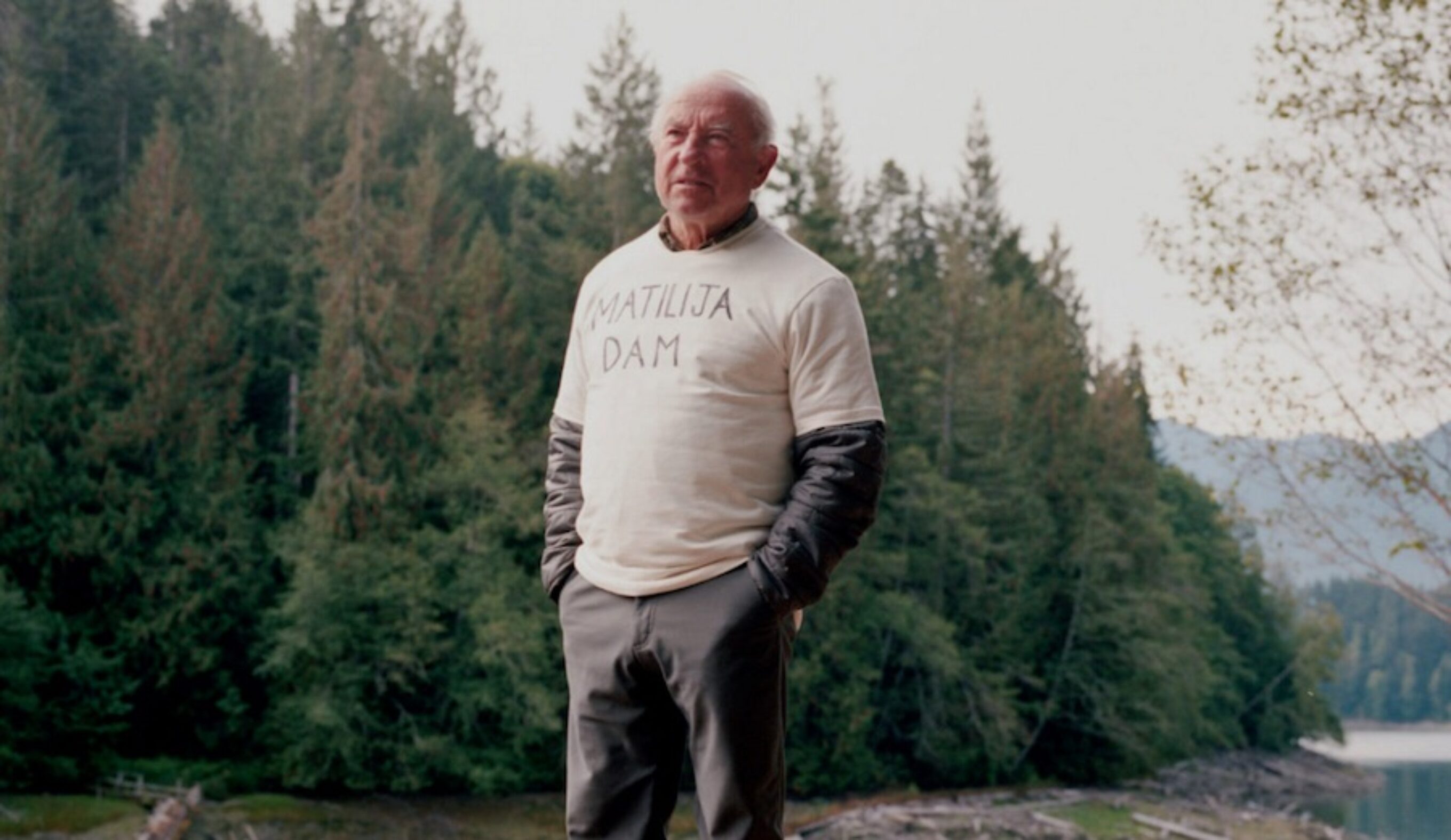 Patagonia founder, Yvon Chouinard, at the start of the Elwha Dam removal, the largest in the history of the United States. His shirt calls out the dam he'd like to see come down next. Photo: Michael Hanson