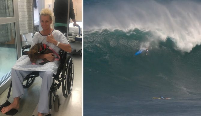 Keala Kennelly (L), Emi Erickson (R), and Laura Enever are all reportedly out of the inaugural Pe'ahi Women's Challenge after sustaining injuries during their heats. Photo: Shannon Marie Quirk (L)/WSL (R)