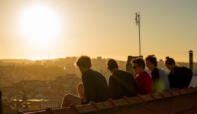 What wall? SurfScholars enjoying a Lisbon rooftop sunset. Photo: Luke Dawson