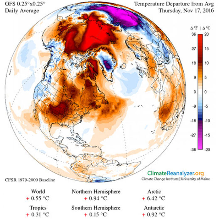 See that big red spot above the Arctic? That's not supposed to be there. Image obtained using a climate reanalyzer. Image: (Climate Change Institute/University of Maine)