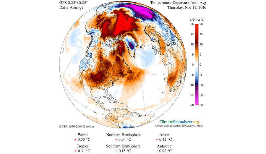 See that big red spot above the Arctic? That's not supposed to be there. Image obtained using a climate reanalyzer. Image: (Climate Change Institute/University of Maine)