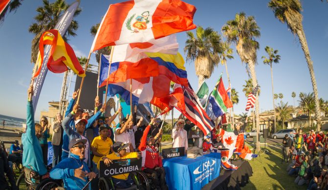 Representatives from each country on stage with ISA President Fernando Aguirre to offically kick off the 2016 Stance ISA WASC. Photo: ISA/Sean Evans