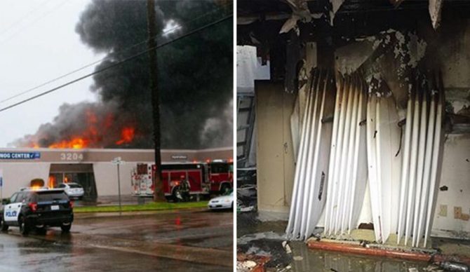 On December 16th, a chemical fire engulfed Global Glassing, a surfboard glassing factory in San Diego. A Go Fund Me account has been set up to provide some relief. Photo: GoFundMe (L), Taylor Steele/Instagram (R)