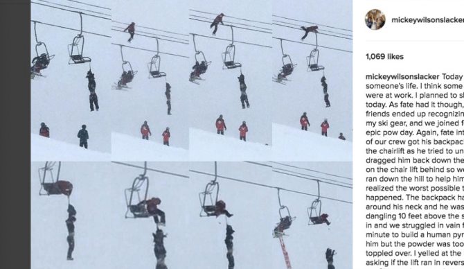 Luckily a professional slackliner, Mickey Wilson, was on hand to put his uncommon skills to work. Photo: Instagram