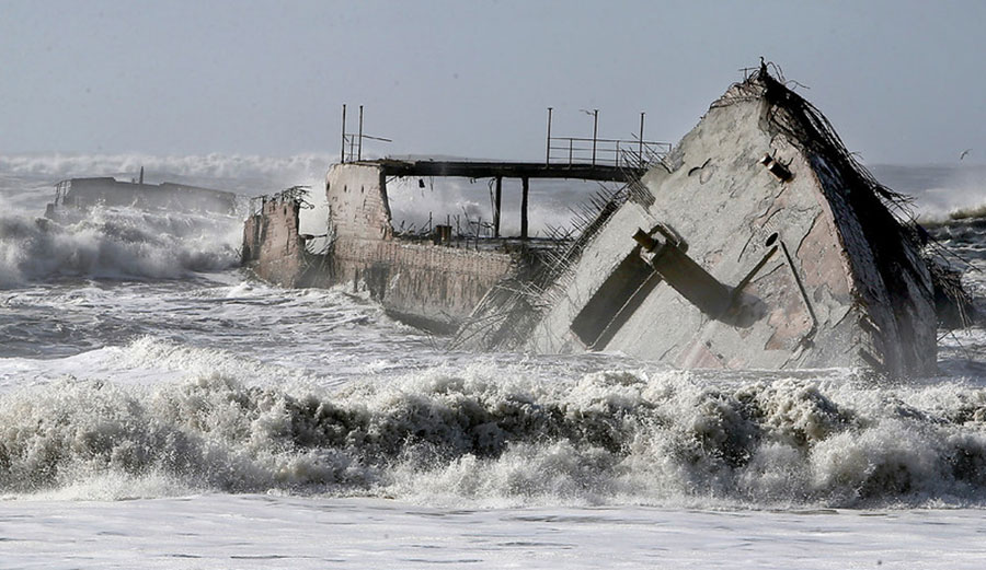 The historic SS Palo Alto has been broken to bits by massive waves. Photo: Kevin Johnson/Santa Cruz Sentinel