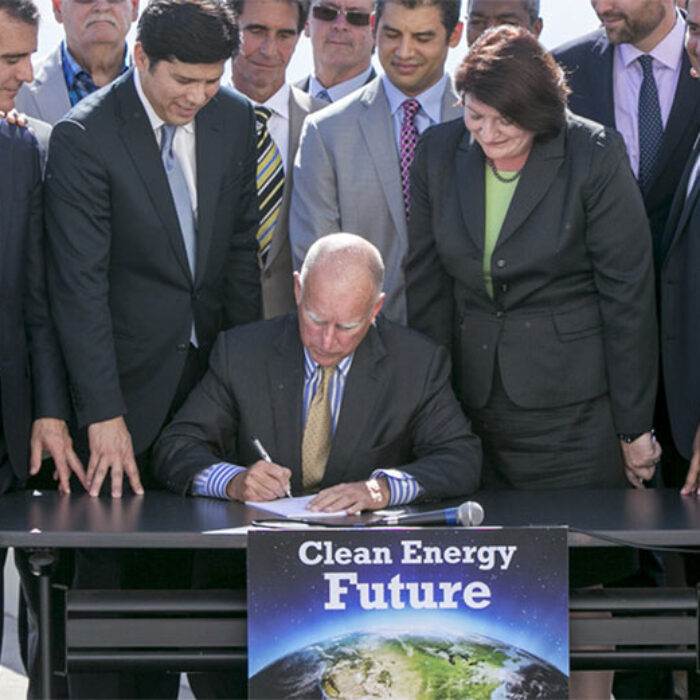 California Gov. Jerry Brown signs SB350 on Oct. 7, 2015. The bill calls for increasing the state’s renewable electricity use to 50 percent and doubling energy efficiency in existing buildings by 2030. AP Photo/Damian Dovarganes