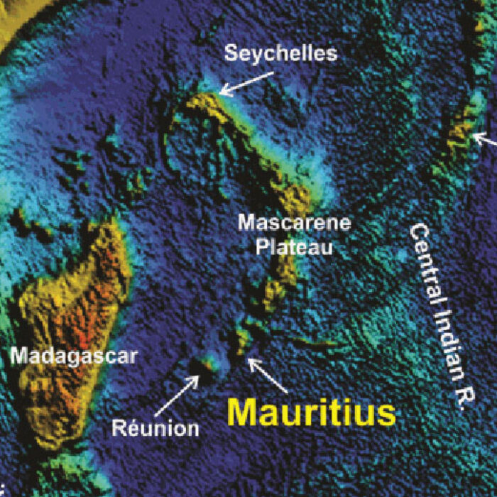 Topography of theIndian Ocean shows Mauritius, where researchers discovered a lost continent. Image: (Lewis Ashwal/Journal of Petrology/Oxford University Press