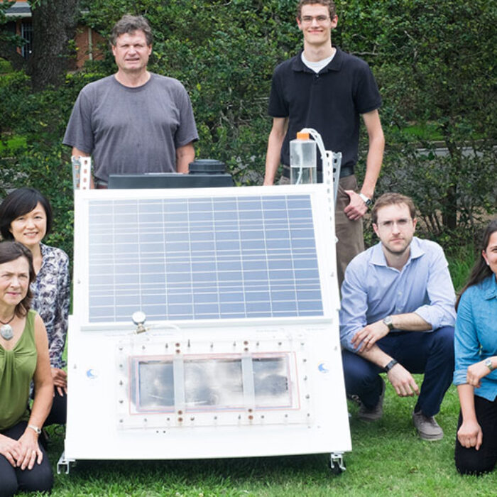 Rice University researchers (from left) Naomi Halas, Qilin Li, Peter Nordlander, Seth Pederson, Alessandro Alabastri and Pratiksha Dongare with a scaled up test bed of the NEWT Center’s direct solar desalination system. (Photo by Jeff Fitlow/Rice University)