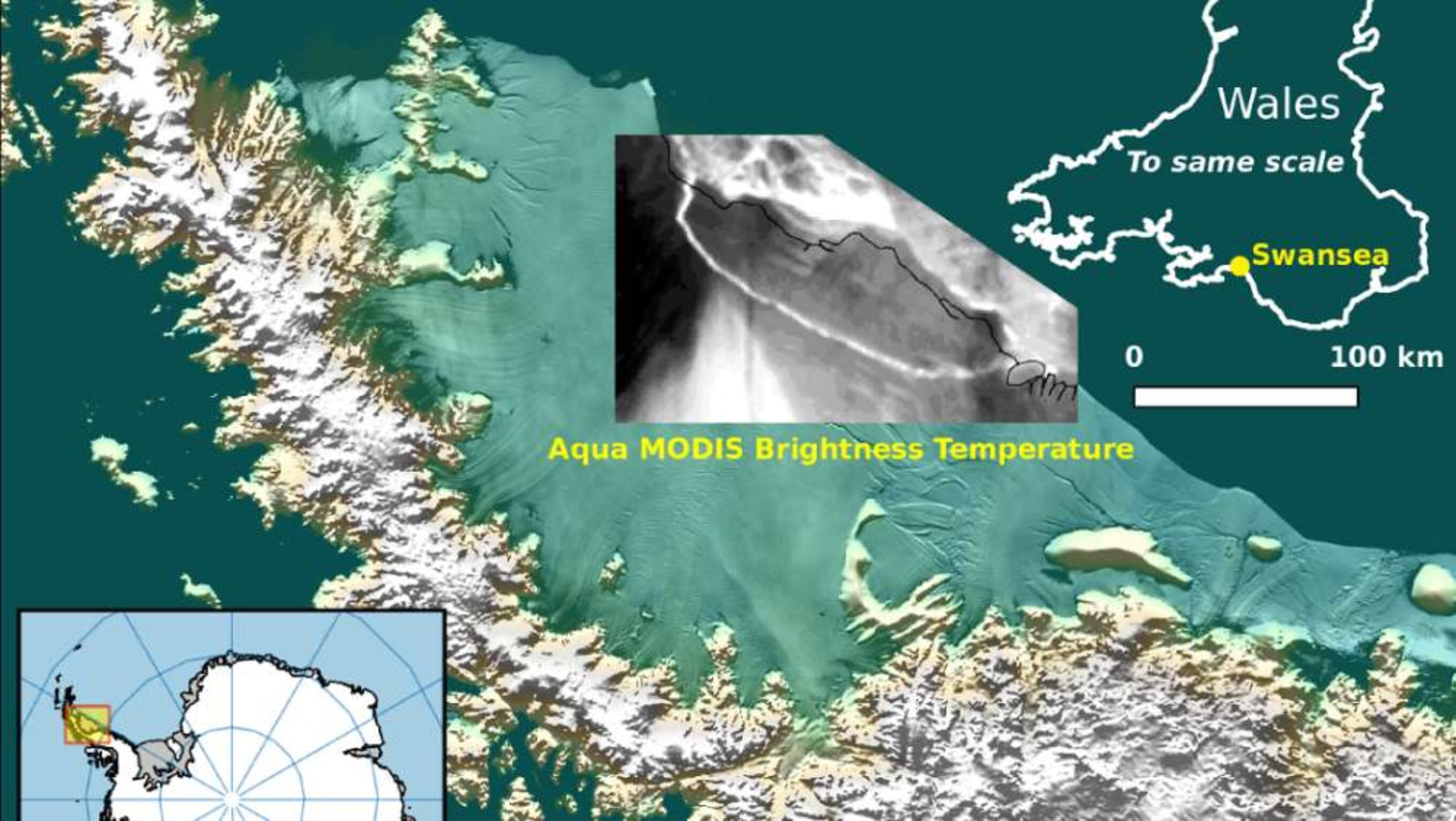 A map of Larsen C overlaid with NASA's MODIS thermal image from today. Image:Project Midas/IFLScience