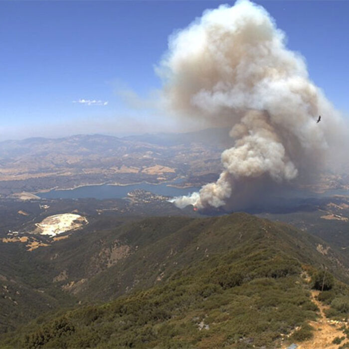 An aerial shot of the Whittier fire burning off Hwy 154 in SB County. Photo: Santa Barbara/Twitter