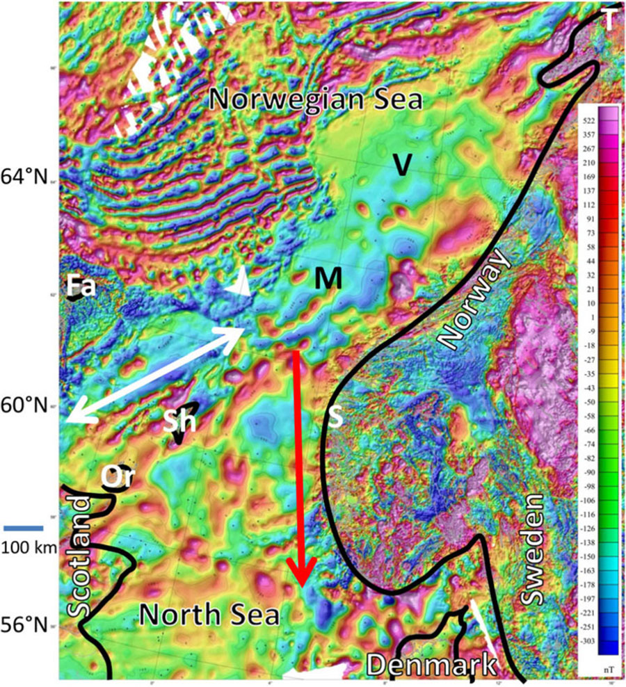 The magnetic map of where the Norwegian and North Seas join. The whales should have travelled along the white arrow, but instead travelled along the red arrow. Vanselow et al. (2017)