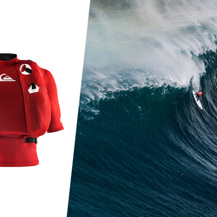 The Quiksilver Highline safety vest is designed to help save lives in situations like this one Koa Rothman finds himself in. Photos: (L) Quiksilver (R) Mike Coots