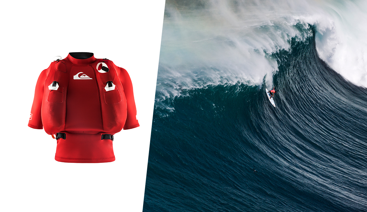 The Quiksilver Highline safety vest is designed to help save lives in situations like this one Koa Rothman finds himself in. Photos: (L) Quiksilver (R) Mike Coots