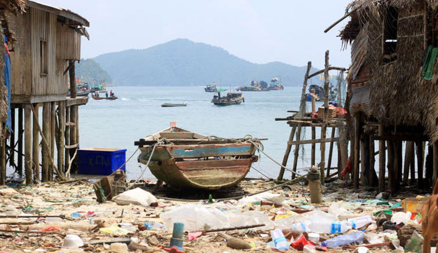 Plastic litter in a fishing village in Myanmar. Image: Kathryn Berry