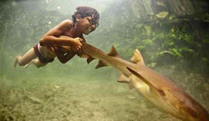 A Bajau Laut child looking just at home under water as above. Image: BBC/Filipinow