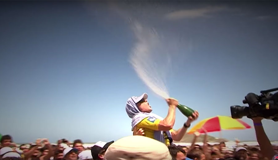 Mick Fanning celebrates his first world title win in 2007. Image: screenshot